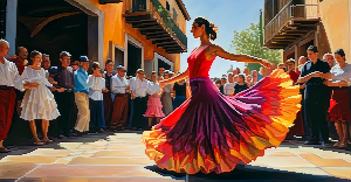A Flamenco dancer in a colorful dress performing against a rustic backdrop, with warm lighting emphasizing her movements.