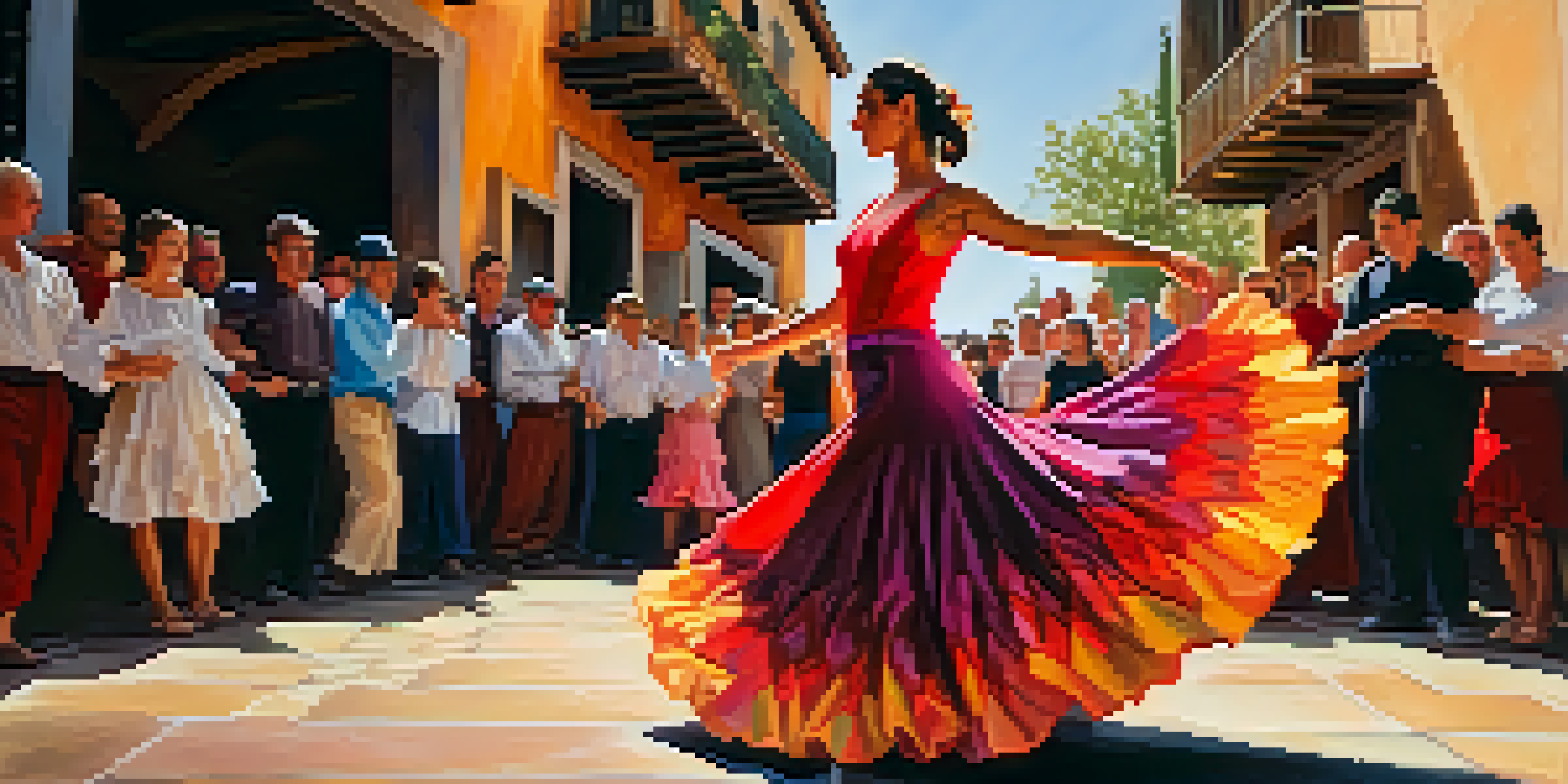 A Flamenco dancer in a colorful dress performing against a rustic backdrop, with warm lighting emphasizing her movements.