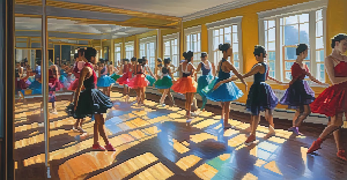 A lively dance studio with diverse dancers practicing different styles, sunlight streaming through windows, and colorful shoes on a polished wood floor.