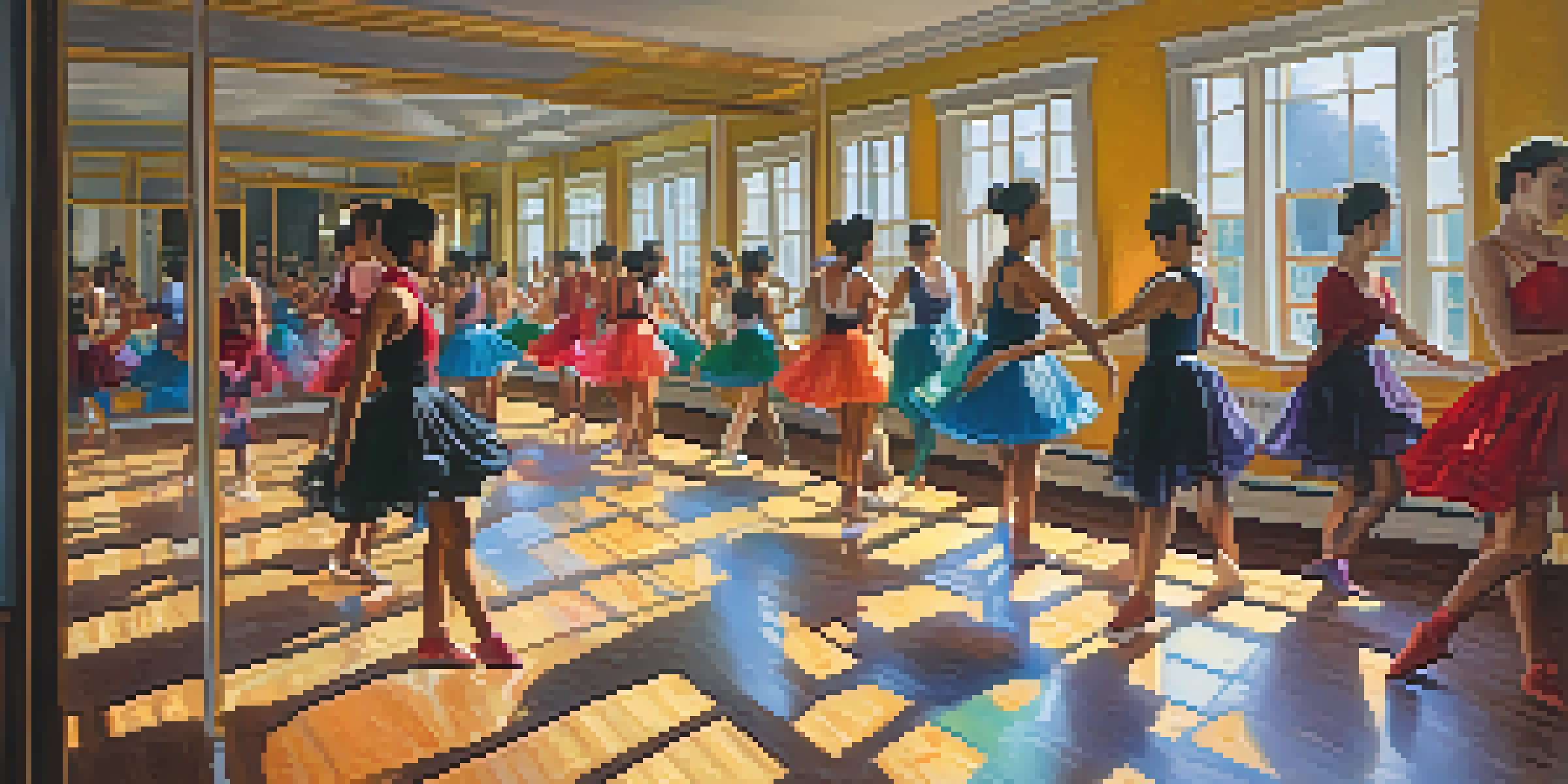A lively dance studio with diverse dancers practicing different styles, sunlight streaming through windows, and colorful shoes on a polished wood floor.