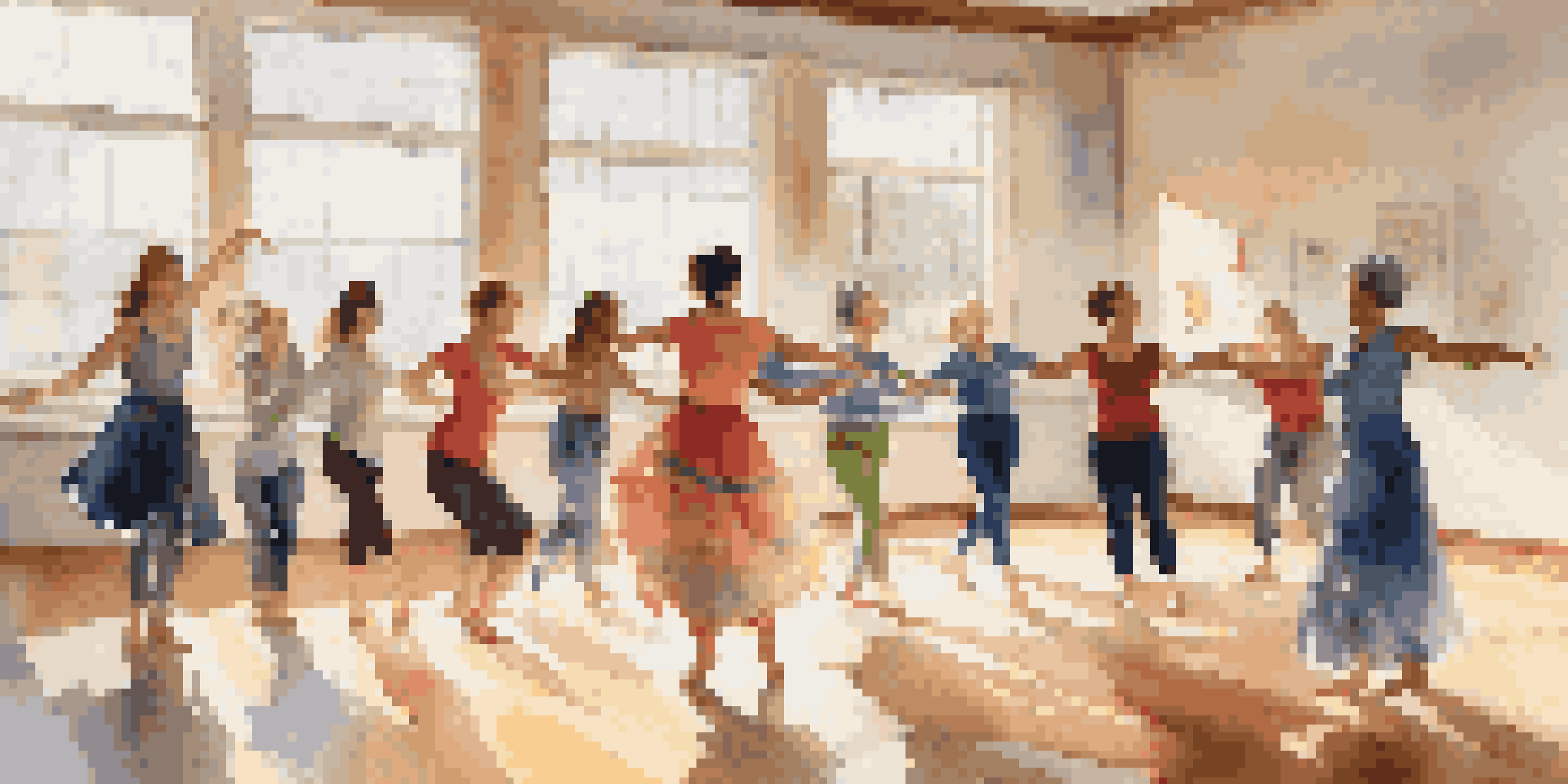 A diverse group of individuals participating in a dance therapy session in a bright studio, showcasing expressive movement with colorful scarves.