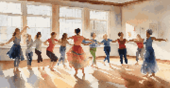 A diverse group of individuals participating in a dance therapy session in a bright studio, showcasing expressive movement with colorful scarves.