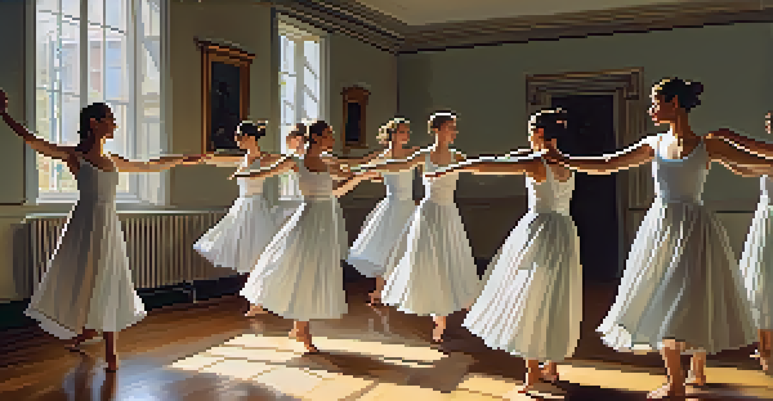 A peaceful dance therapy session with participants expressing emotions through movement in a cozy room.