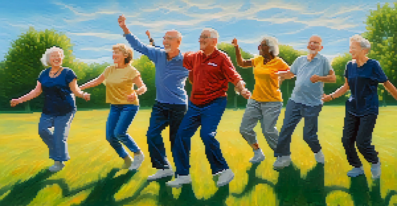 Veterans engaging in a dance therapy workshop outdoors, smiling and moving together in a supportive environment with trees and blue sky in the background.