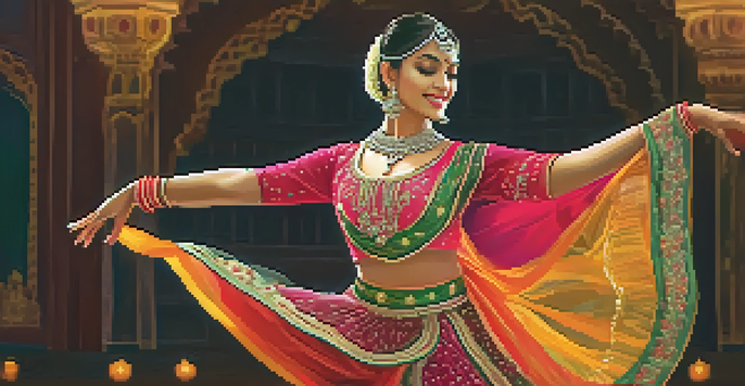 A Kathak dancer in a colorful costume performing gracefully on stage, with warm lighting accentuating her movements.