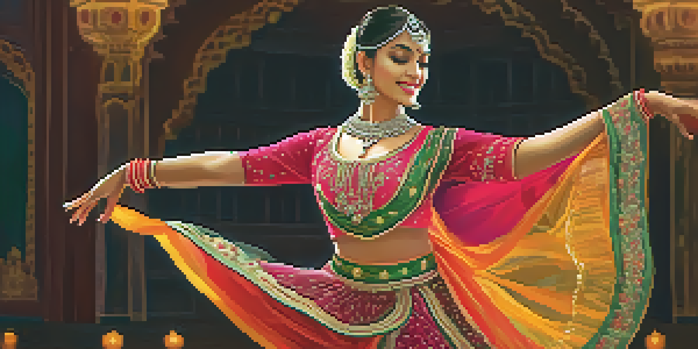A Kathak dancer in a colorful costume performing gracefully on stage, with warm lighting accentuating her movements.