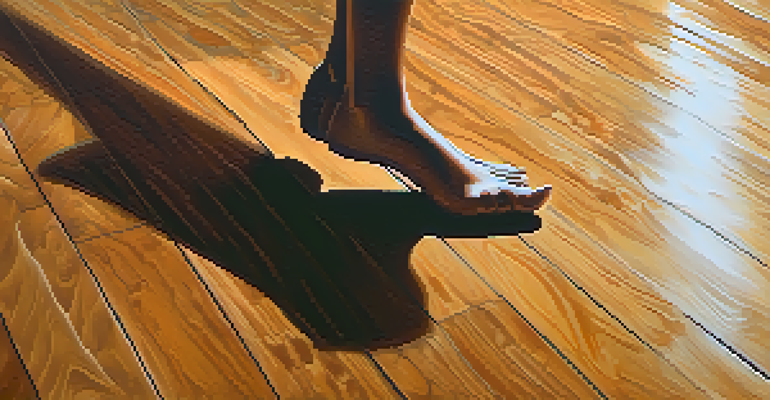 Close-up of a dancer's feet performing intricate footwork on a polished wooden floor, with shadows creating a dynamic effect.