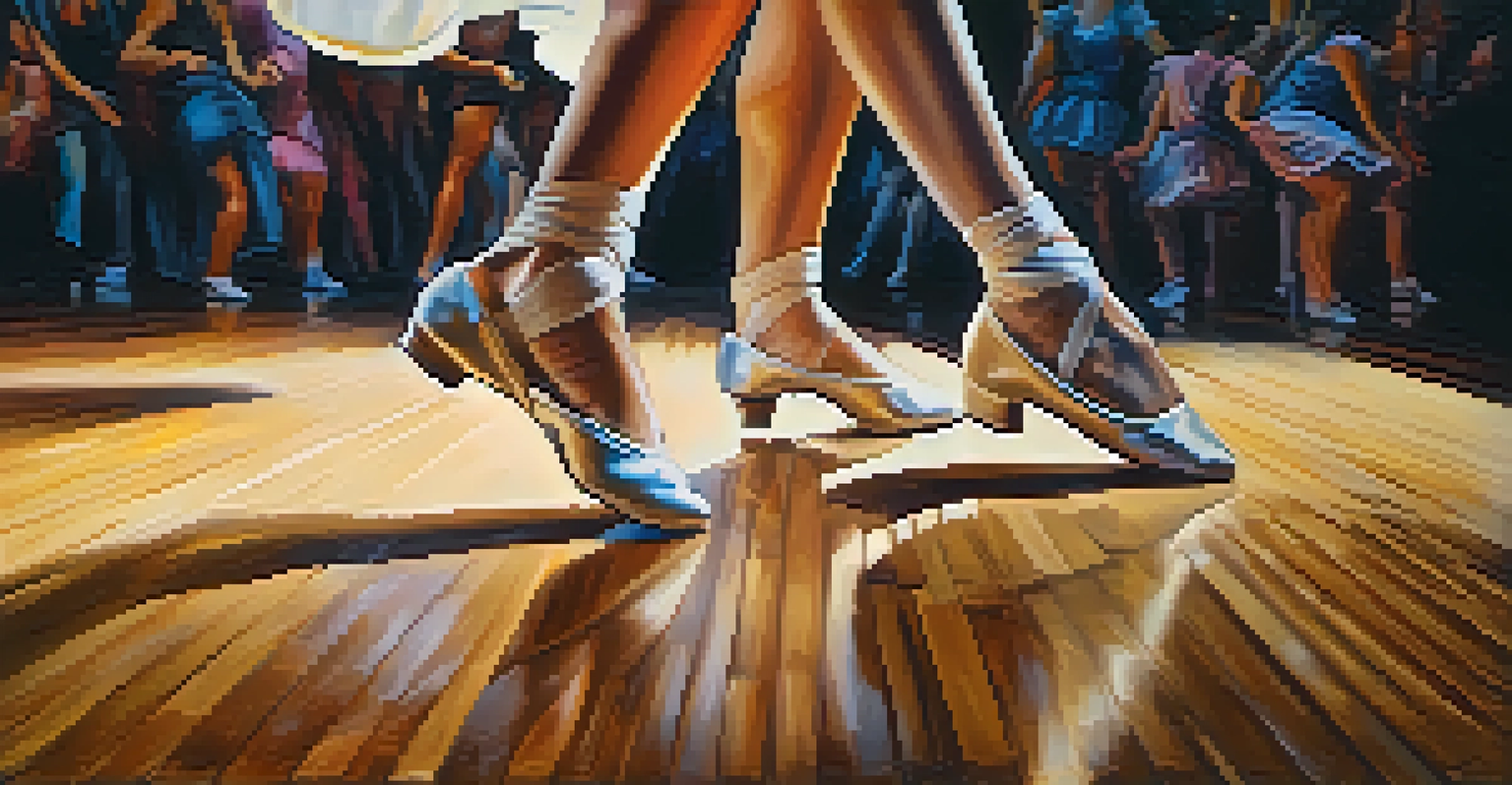 A close-up of a dancer's feet demonstrating intricate footwork on a textured wooden floor, with colorful stage lighting in the background.
