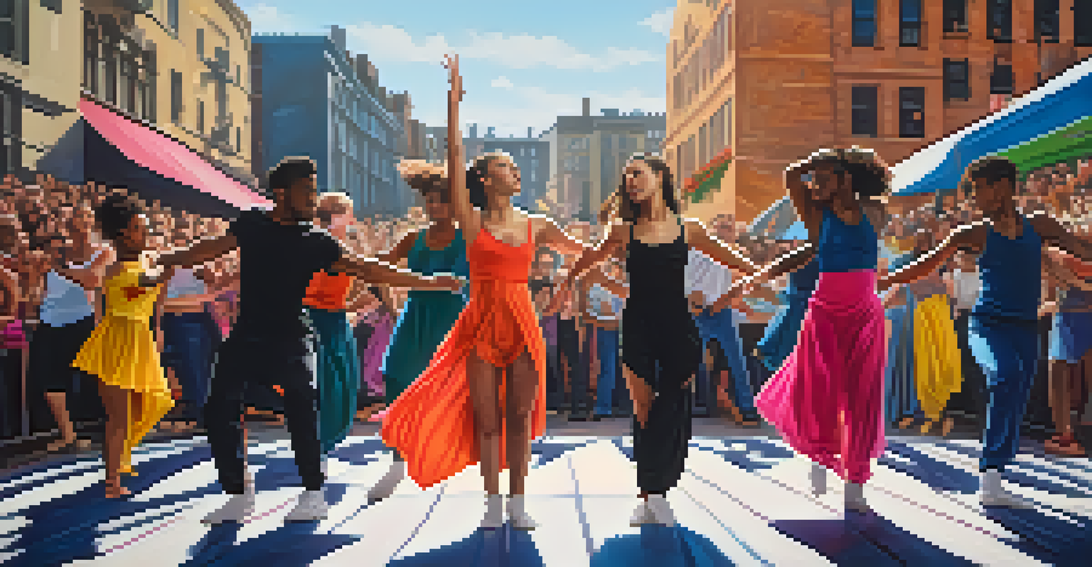 Dancers performing contemporary choreography in an urban city square, surrounded by graffiti and an engaged crowd, with dramatic lighting emphasizing their movements.