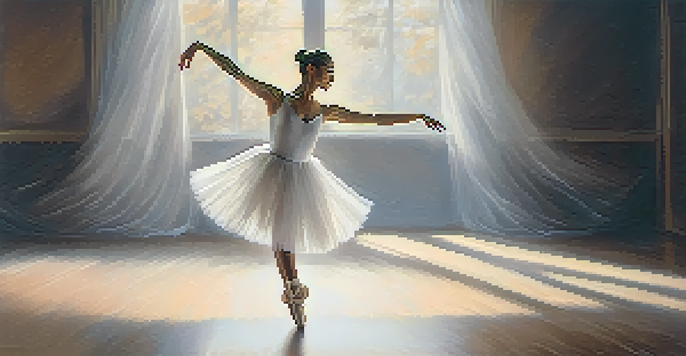 A ballet dancer in a white tutu performing a pirouette on stage with soft lighting.