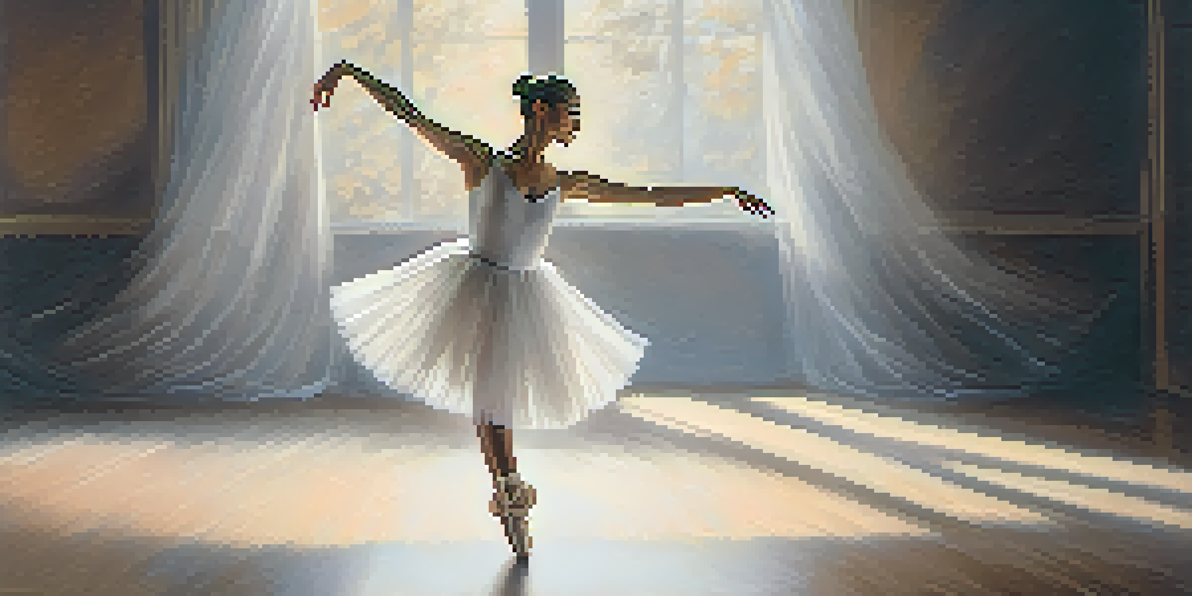 A ballet dancer in a white tutu performing a pirouette on stage with soft lighting.