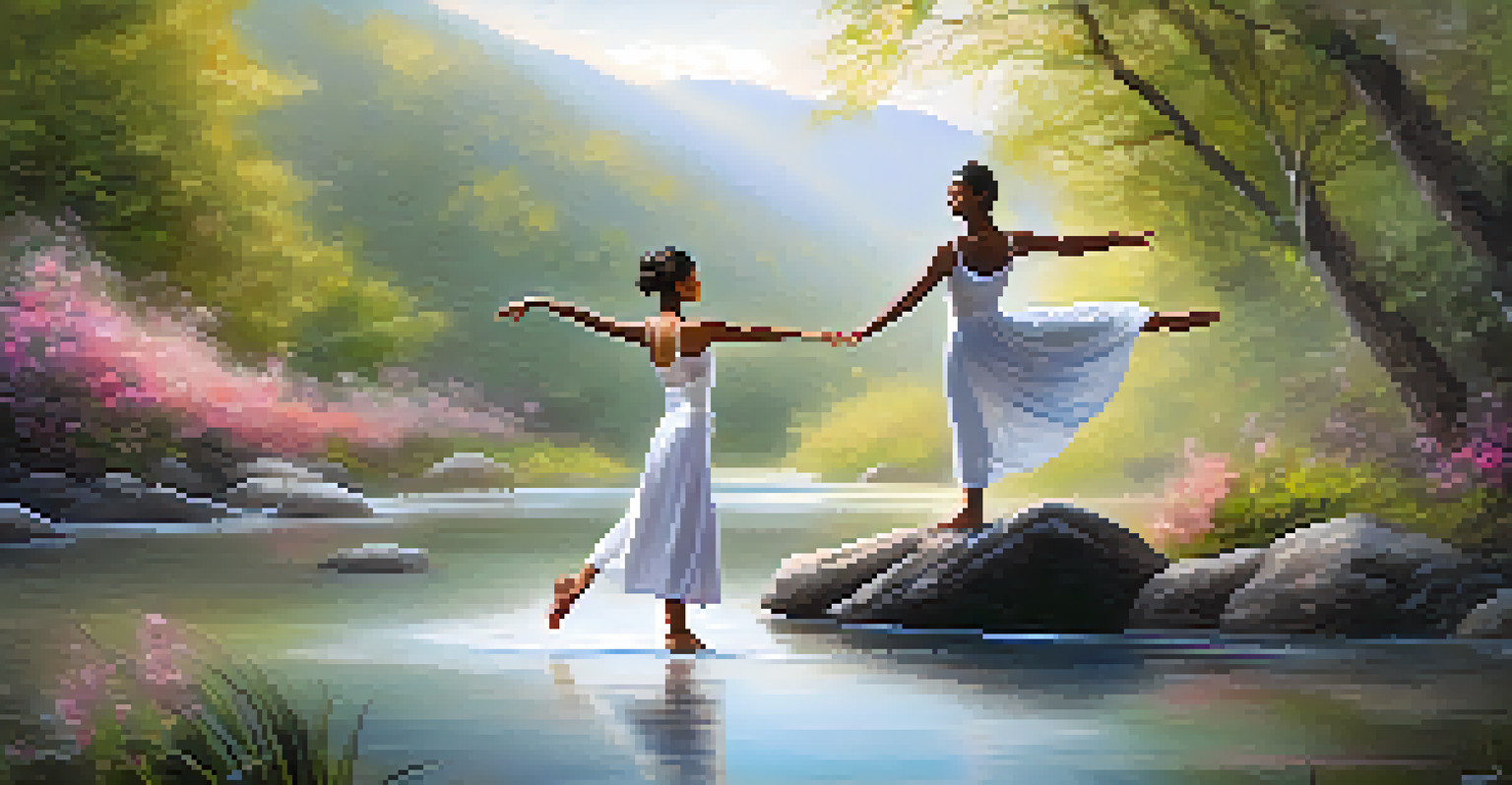 A person in a calming virtual landscape practicing dance therapy, surrounded by soft colors and natural elements.