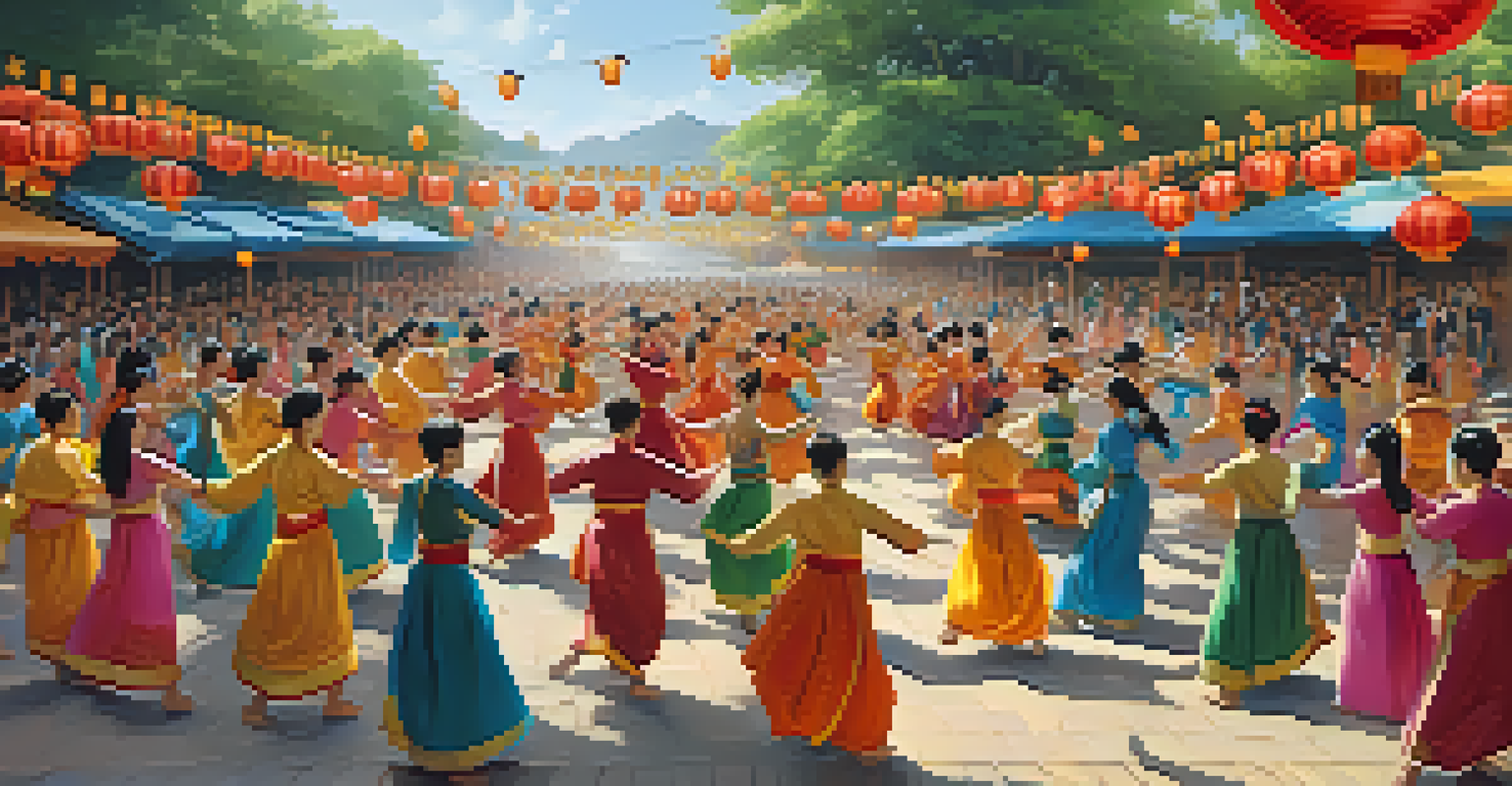 A joyful festival scene with diverse dancers in bright costumes celebrating a traditional Buddhist event, surrounded by an enthusiastic audience.