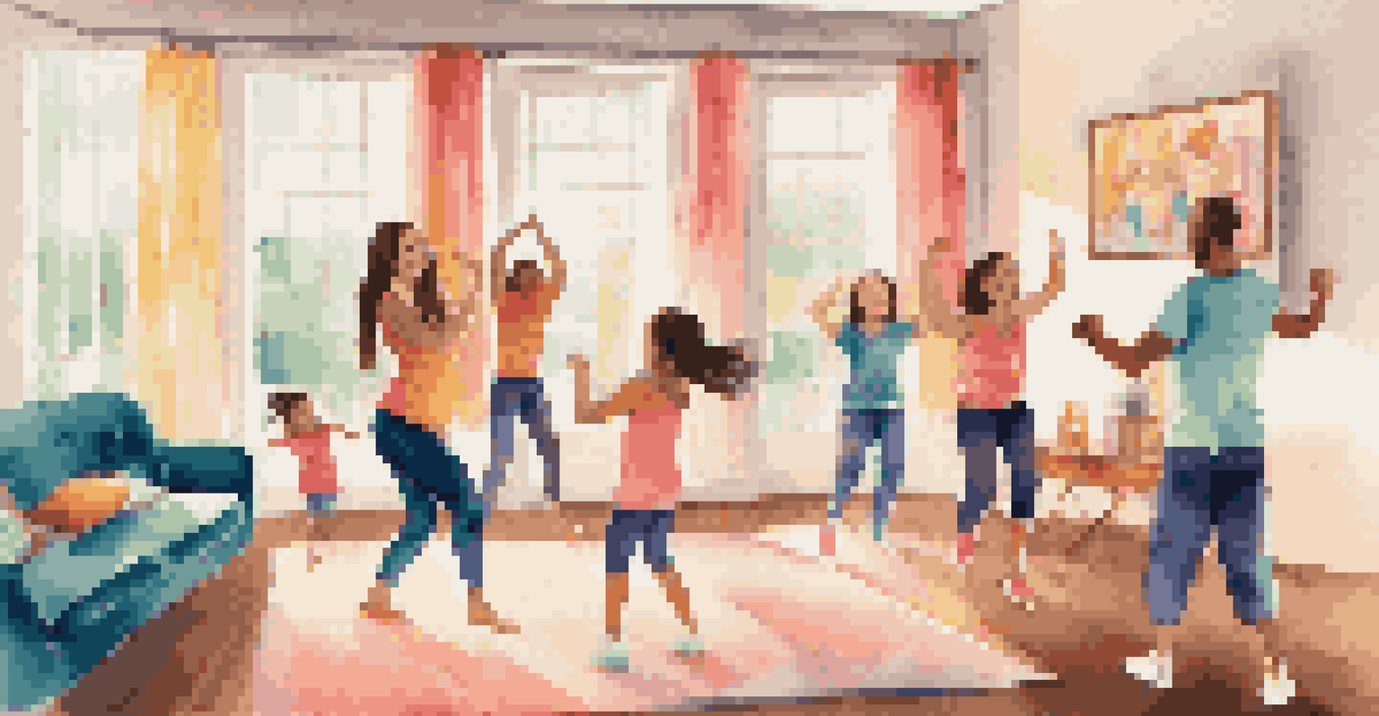 A family enjoying a Zumba session together in a cozy living room.