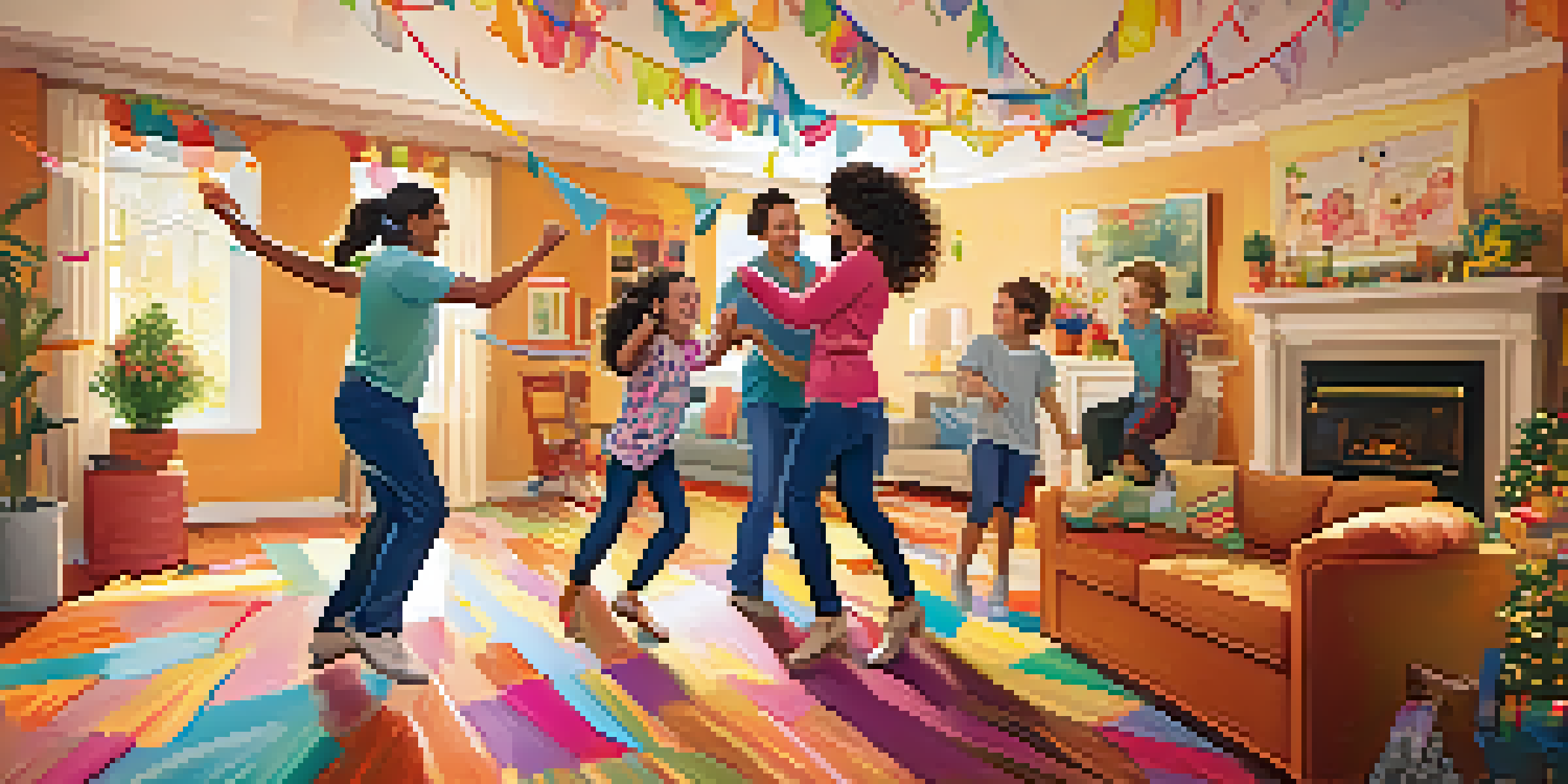 A family enjoying a dance party in their living room, filled with laughter and colorful decorations.