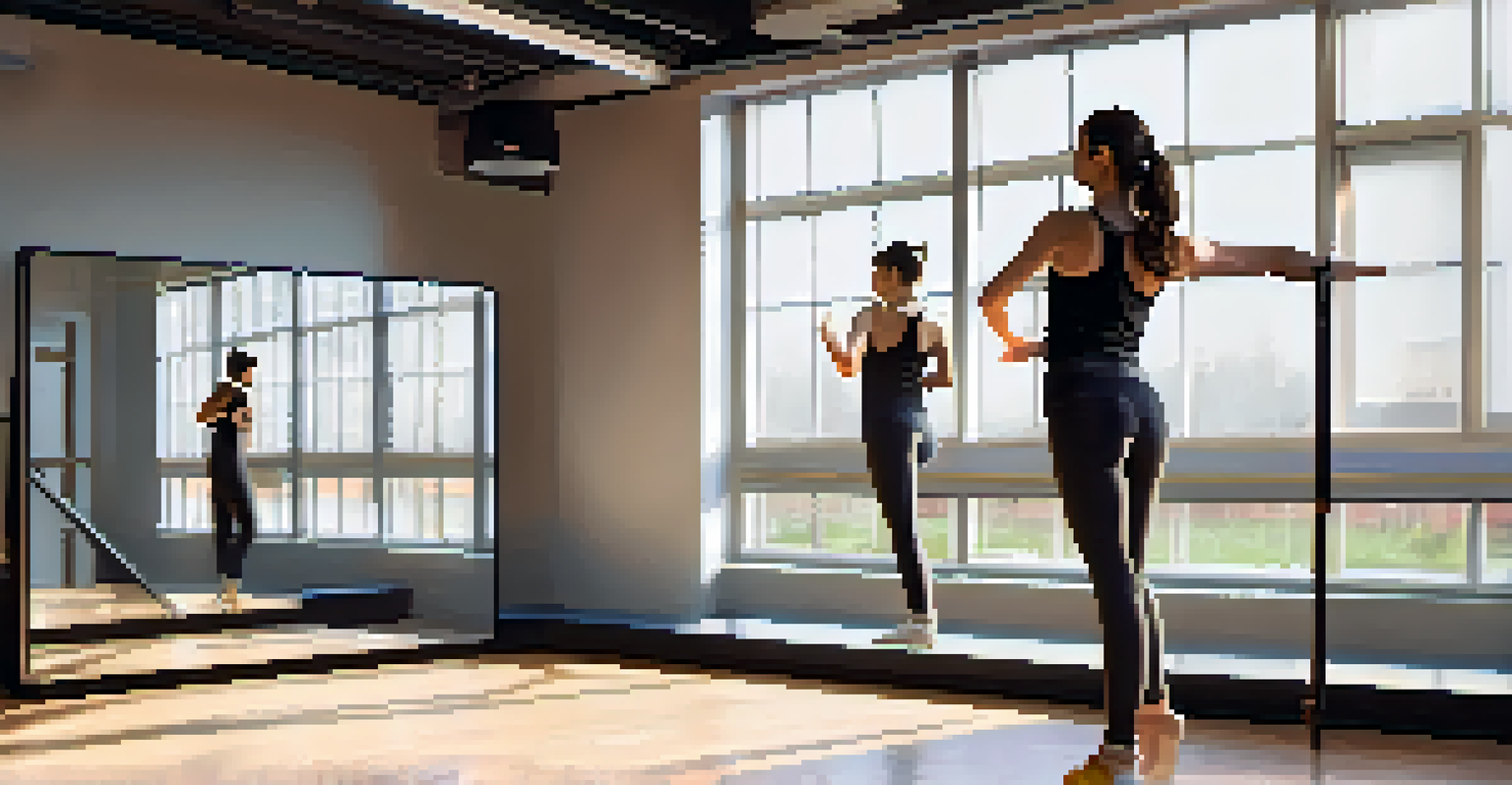 A student practicing dance in a studio with augmented reality tools showing guidance on posture and timing, surrounded by mirrors and natural light.