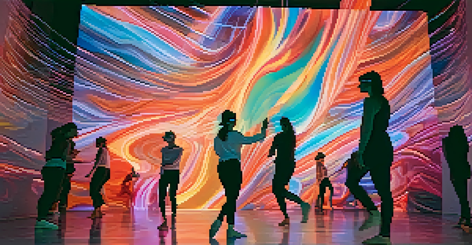Dancers performing in a virtual reality setting with projected visuals that change with their movements, creating an abstract and colorful environment.