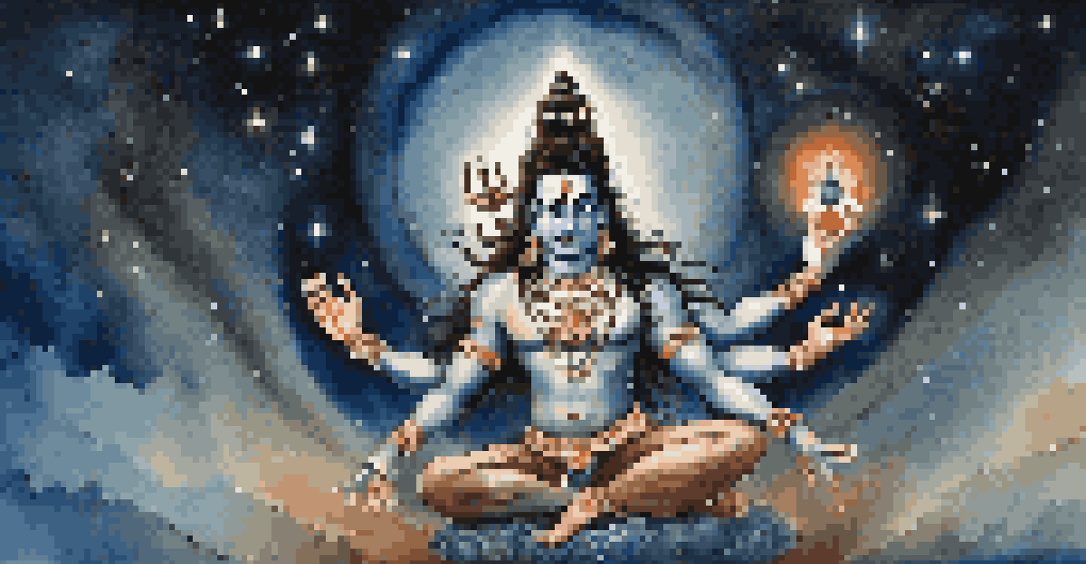 Lord Shiva as Nataraja performing a cosmic dance under a starry sky, surrounded by swirling cosmic elements and lotus flowers.