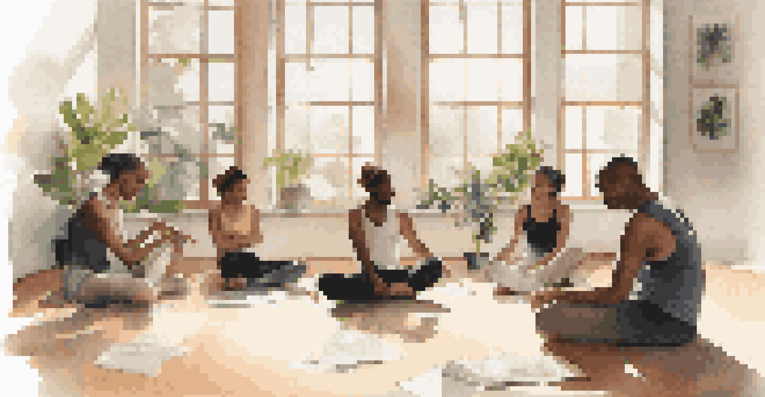A group of dancers sitting in a circle, discussing ideas during a workshop, with warm light filtering through a window.