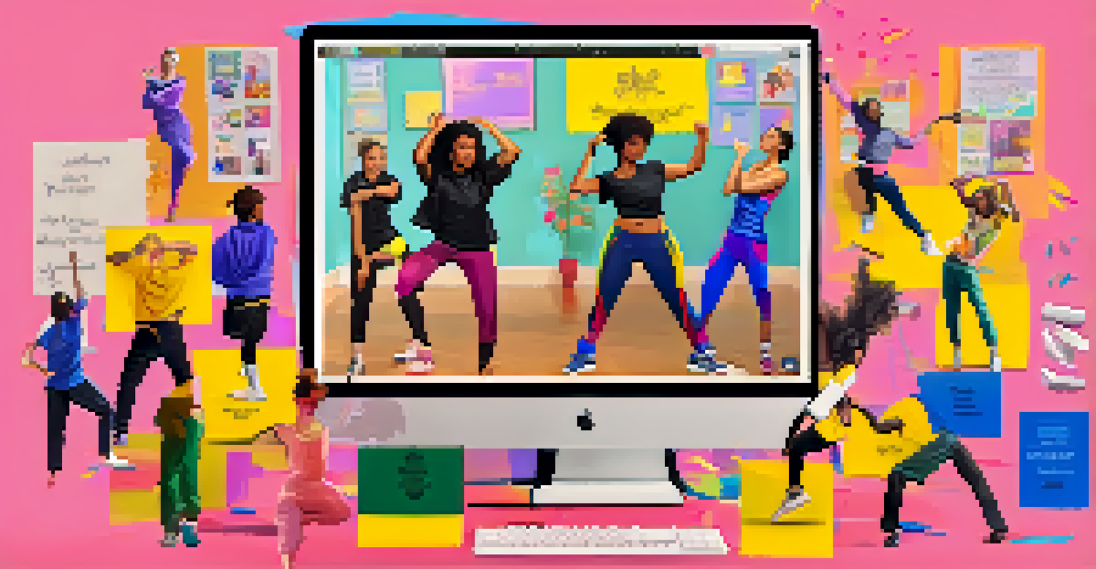 A computer screen displaying an online dance class with multiple dancers in their home environments, led by an instructor demonstrating hip-hop moves.