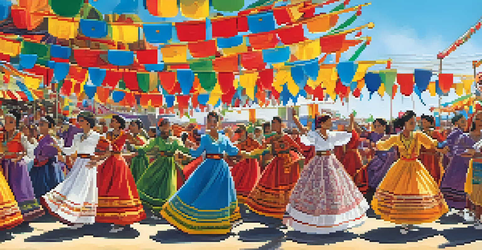 A lively outdoor multicultural dance festival with performers in traditional costumes and a joyful audience.
