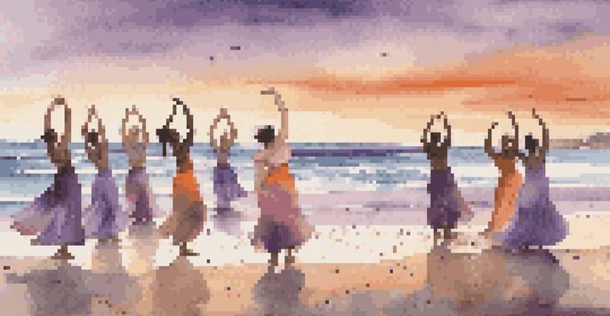 Dancers performing on a beach at sunset, mimicking waves with flowing costumes in earthy colors.