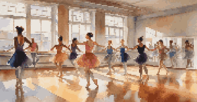 A vibrant dance rehearsal scene in a bright studio with dancers practicing contemporary dance in colorful attire.