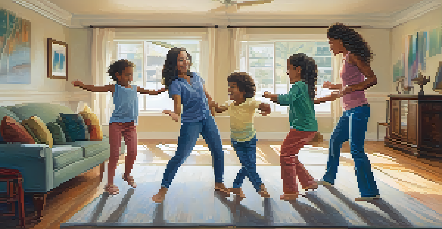 A close-up of a family collaborating on a dance routine in a living room, showcasing hands, feet, and joyful expressions.