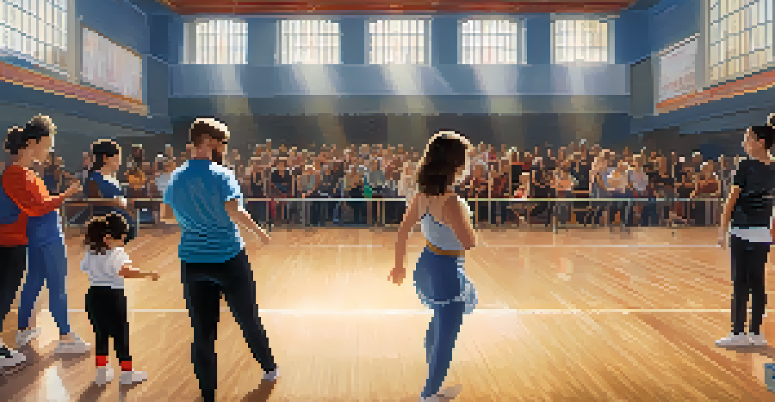 An accessible dance venue with ramps and spacious seating where dancers of various abilities are warming up for a competition, with judges observing. Banners promoting inclusivity are visible.