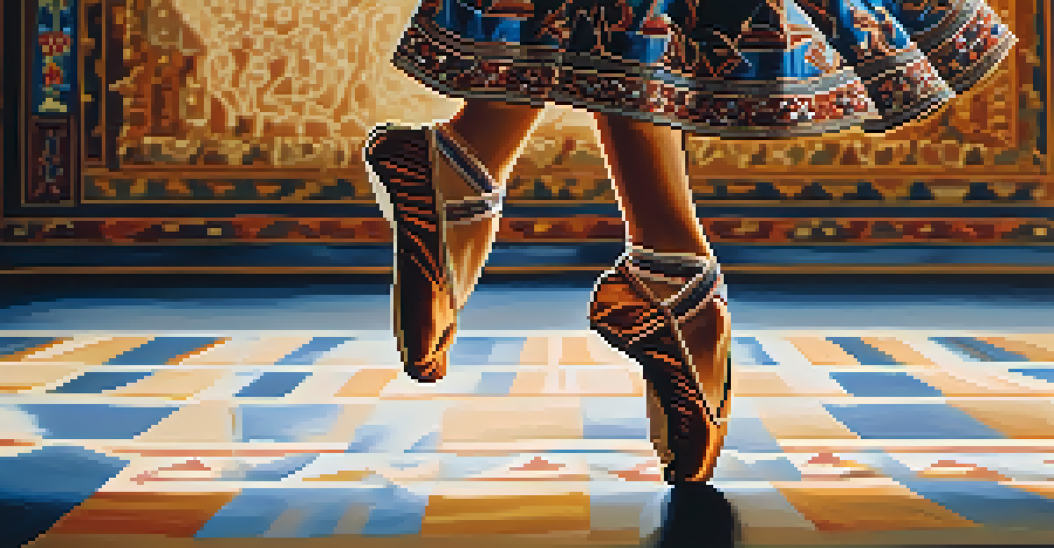A close-up of a dancer's feet demonstrating intricate footwork on a patterned rug, capturing the grace of the dance.