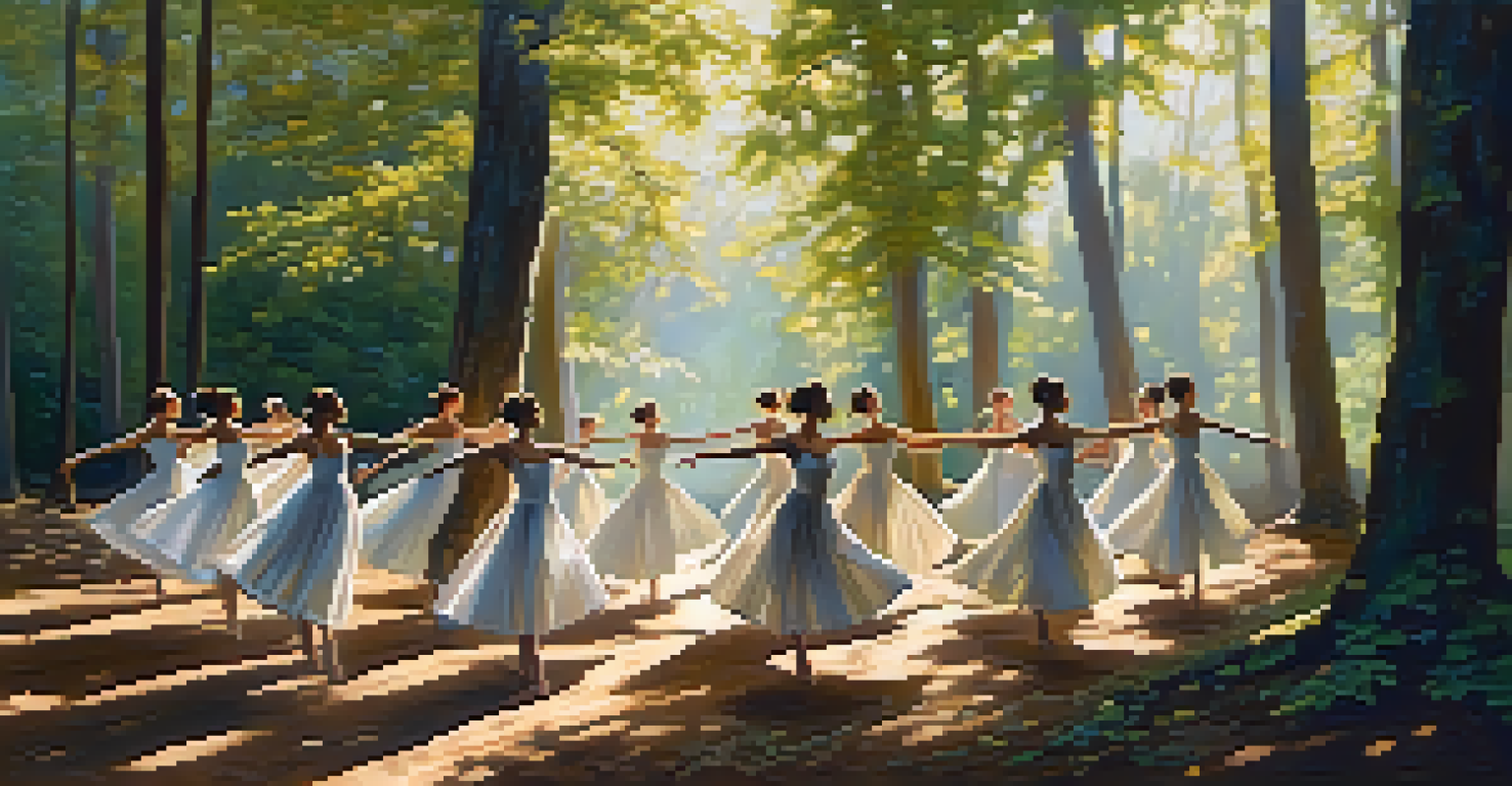 Contemporary dancers performing in a sunlit forest glade surrounded by trees.