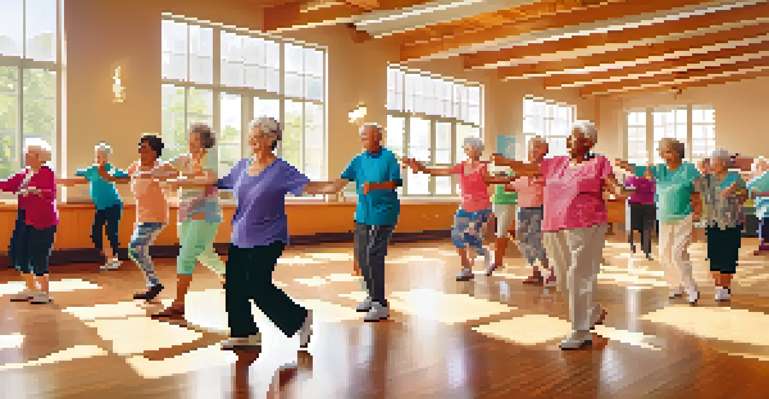 Seniors in a dance class at a community center, smiling and dancing together in a bright room.