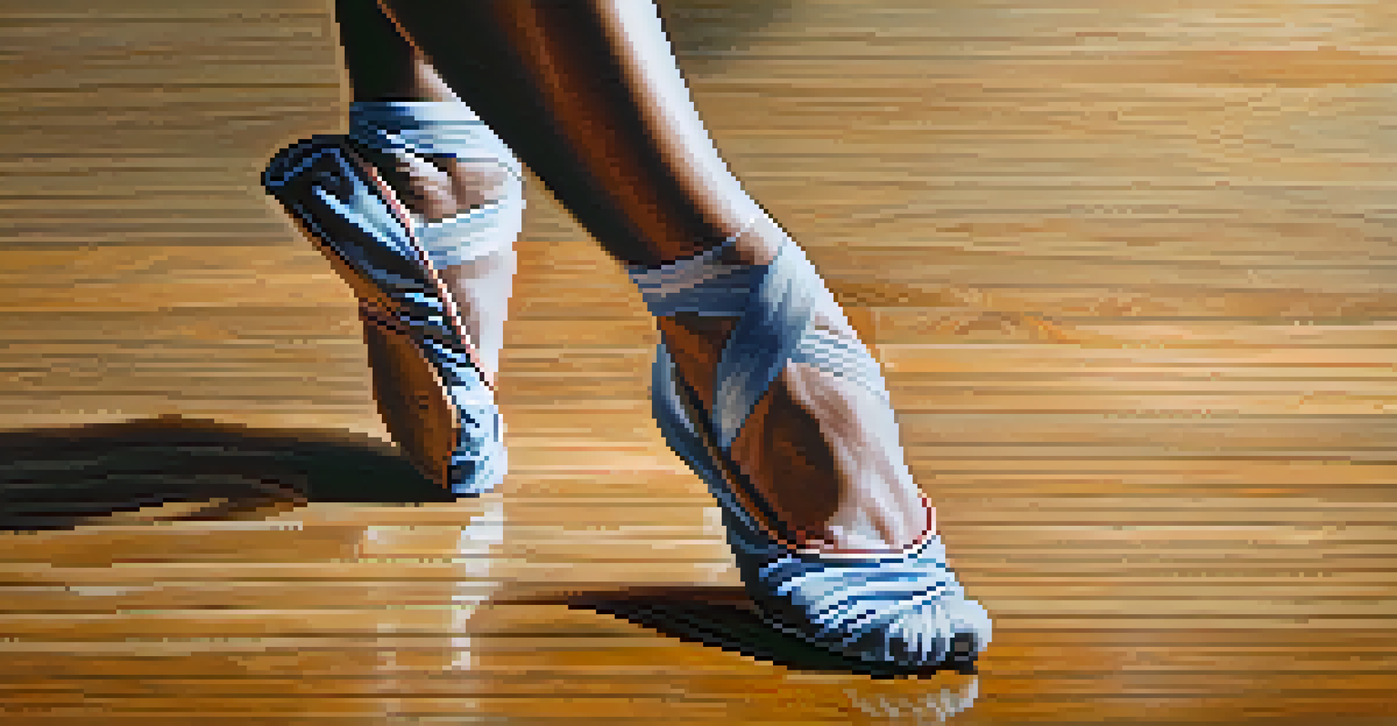 A close-up of a dancer's feet in motion on a wooden floor.