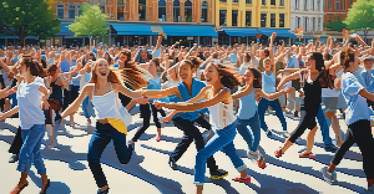 A lively flash mob dance performance in a city square, with dancers and enthusiastic onlookers enjoying the spontaneous event.