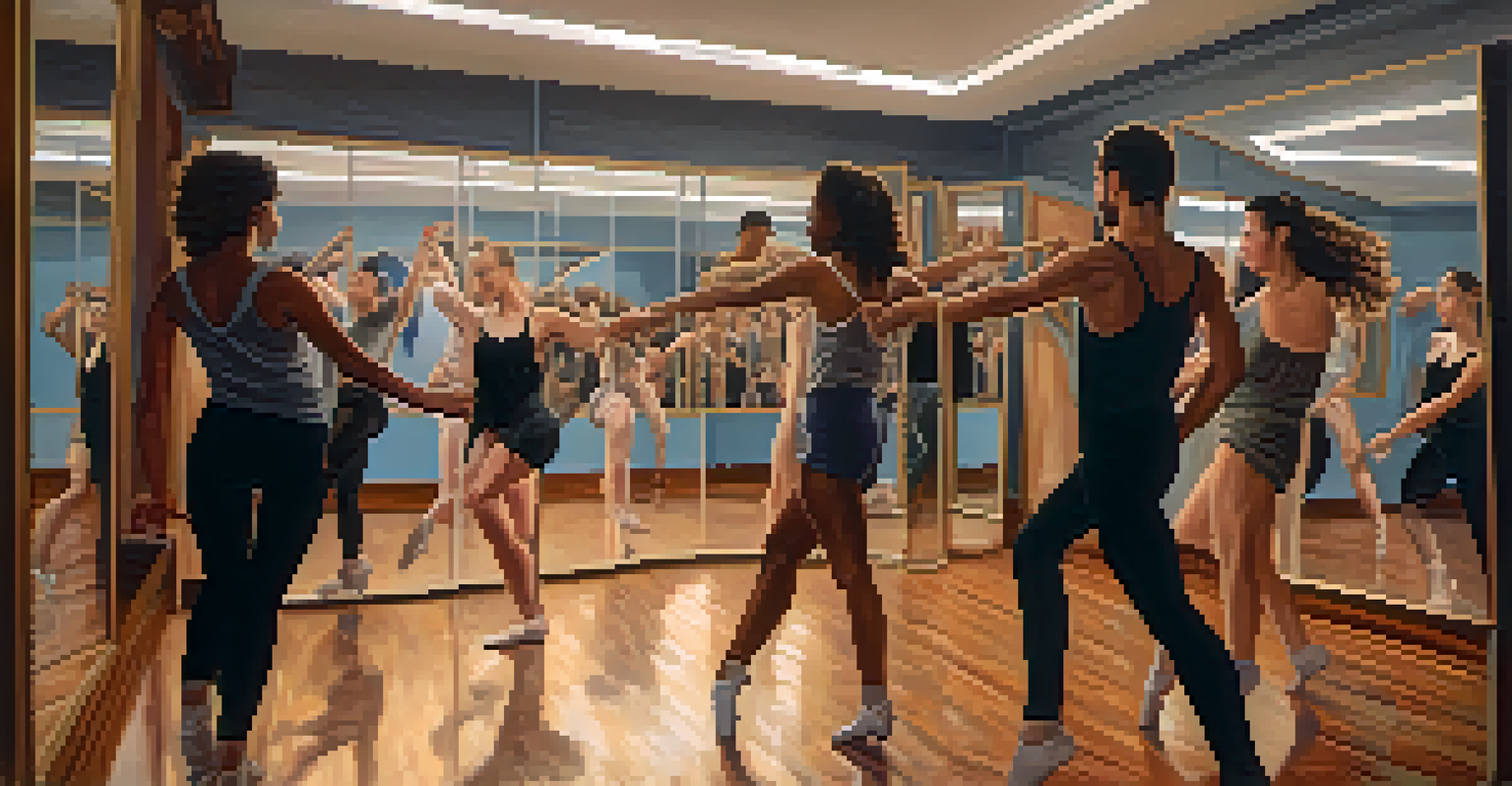A rehearsal space with dancers of different backgrounds collaborating on choreography, surrounded by mirrors and soft lighting, emphasizing their expressions and movements.