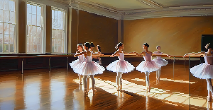 A bright dance studio with dancers in tutus practicing ballet, surrounded by mirrors and wooden floors.