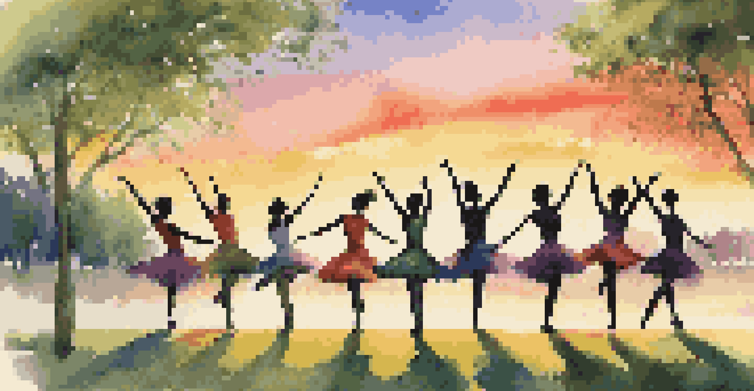 Dancers performing contemporary dance in a park at sunset, surrounded by nature.