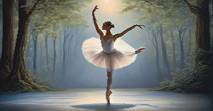 A ballet dancer in an arabesque position on stage with a soft moonlit forest backdrop.