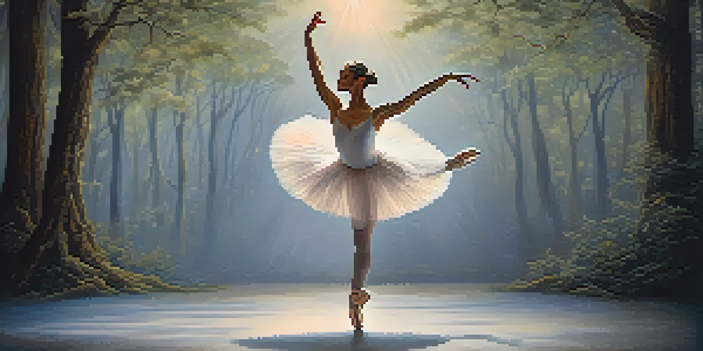 A ballet dancer in an arabesque position on stage with a soft moonlit forest backdrop.