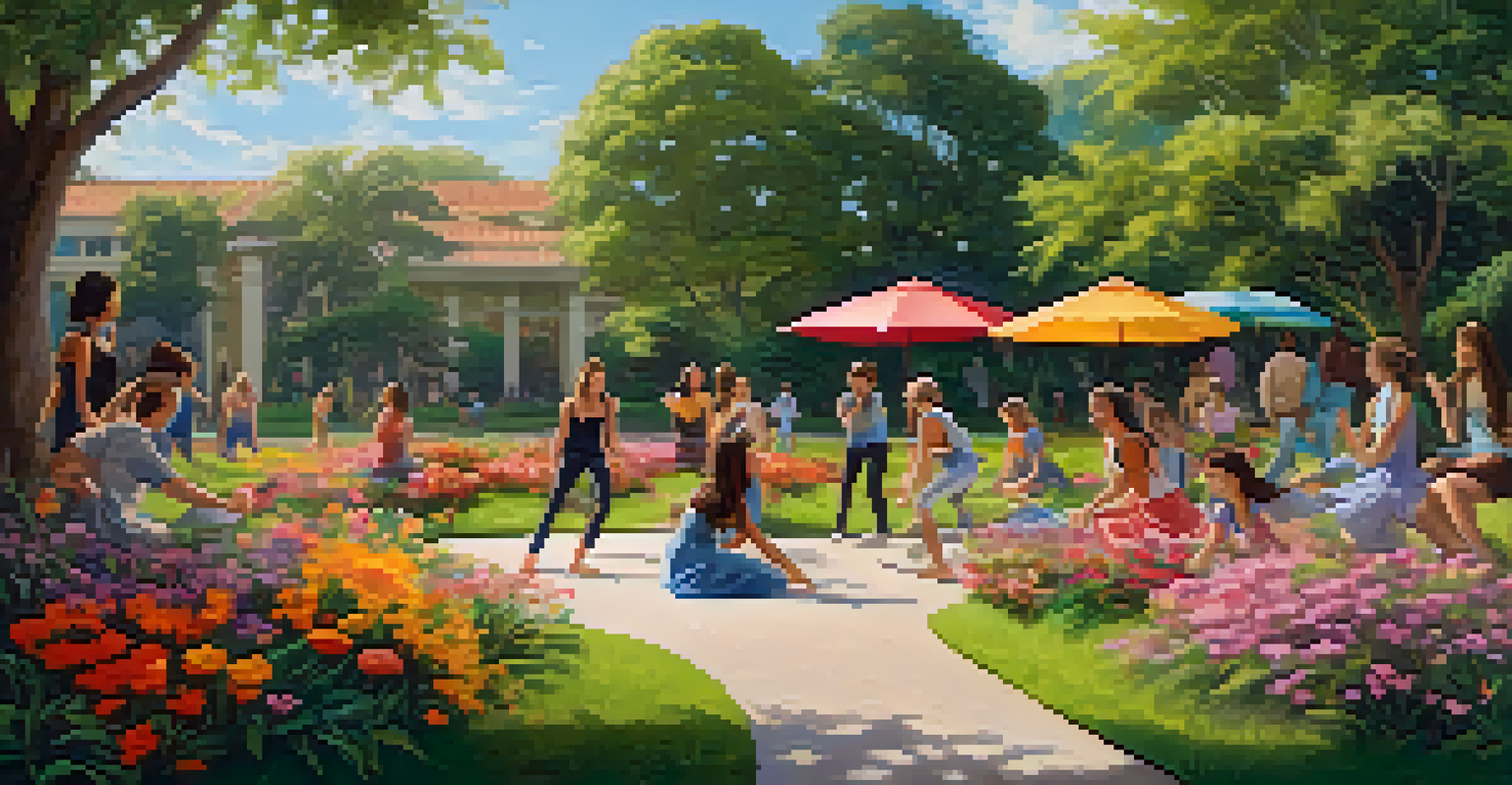 Students dancing outdoors in a lush green environment, enjoying a break from studying, with colorful flowers in the background.