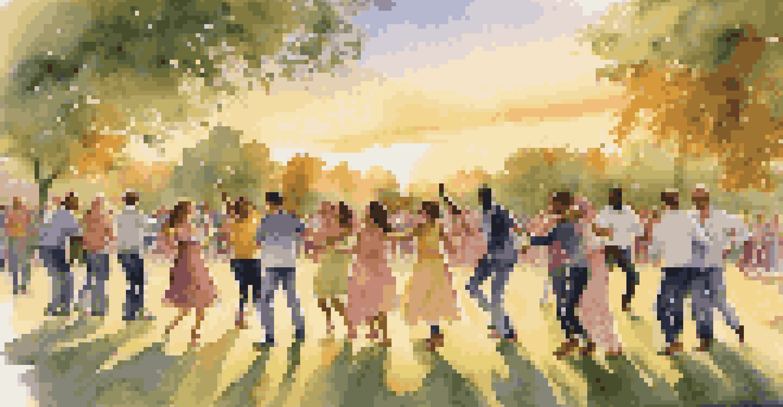 A group of friends dancing together outdoors during sunset, surrounded by greenery and enjoying a joyful moment.