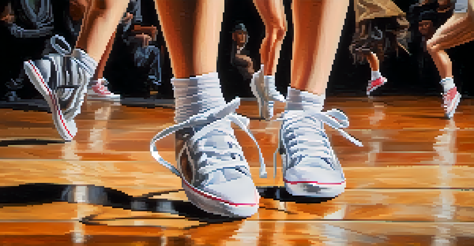 Close-up of a dancer's feet in mid-leap, showcasing a blend of ballet and street dance footwear.