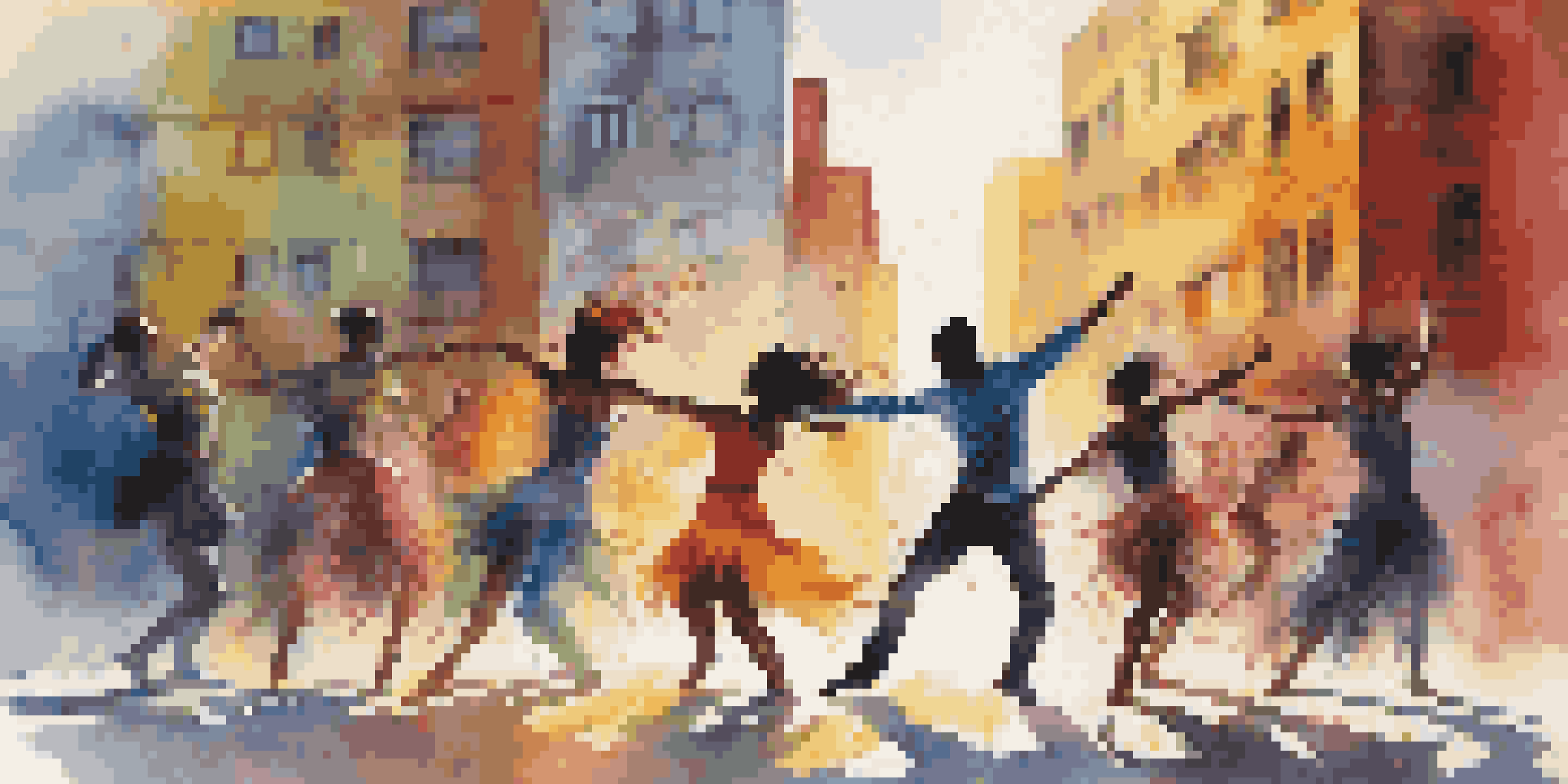 A lively contemporary dance performance in an urban environment featuring dancers in colorful costumes with graffiti art behind them.