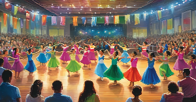 A lively regional dance competition scene with dancers in colorful costumes on stage and an enthusiastic audience.