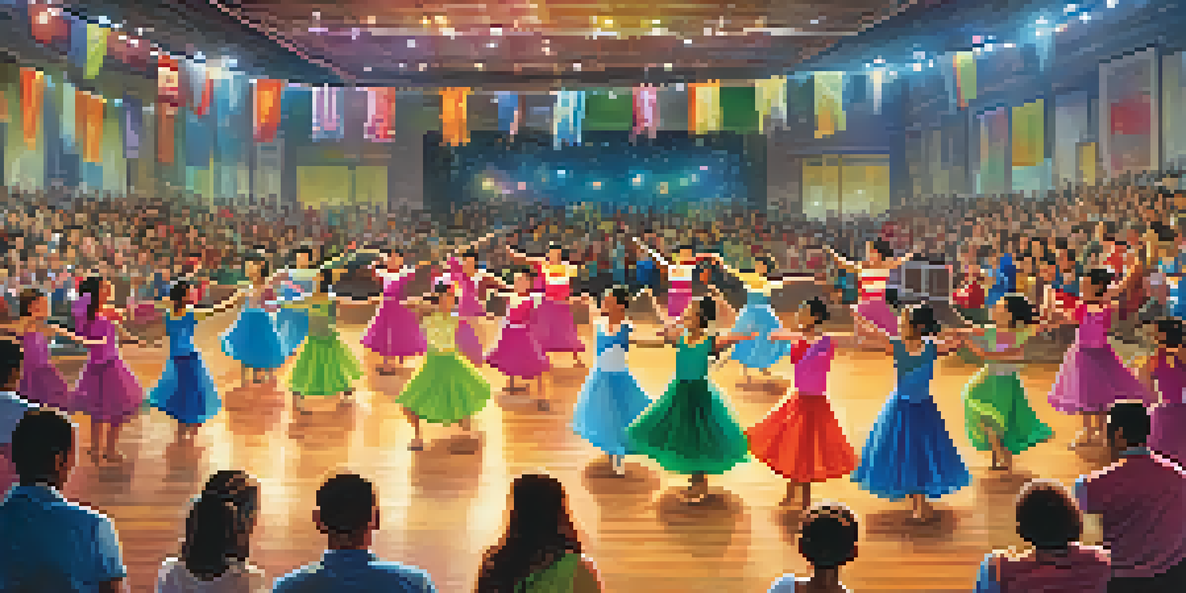 A lively regional dance competition scene with dancers in colorful costumes on stage and an enthusiastic audience.