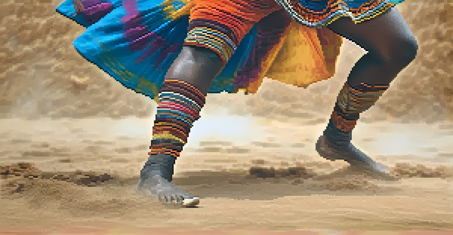 Close-up of a dancer's feet in traditional shoes, captured mid-leap, showcasing the energy of African dance with a blurred background of other dancers.