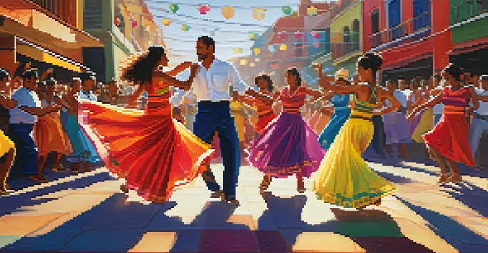A lively salsa dance scene with dancers in colorful attire at a street festival, surrounded by decorations and an engaged audience.