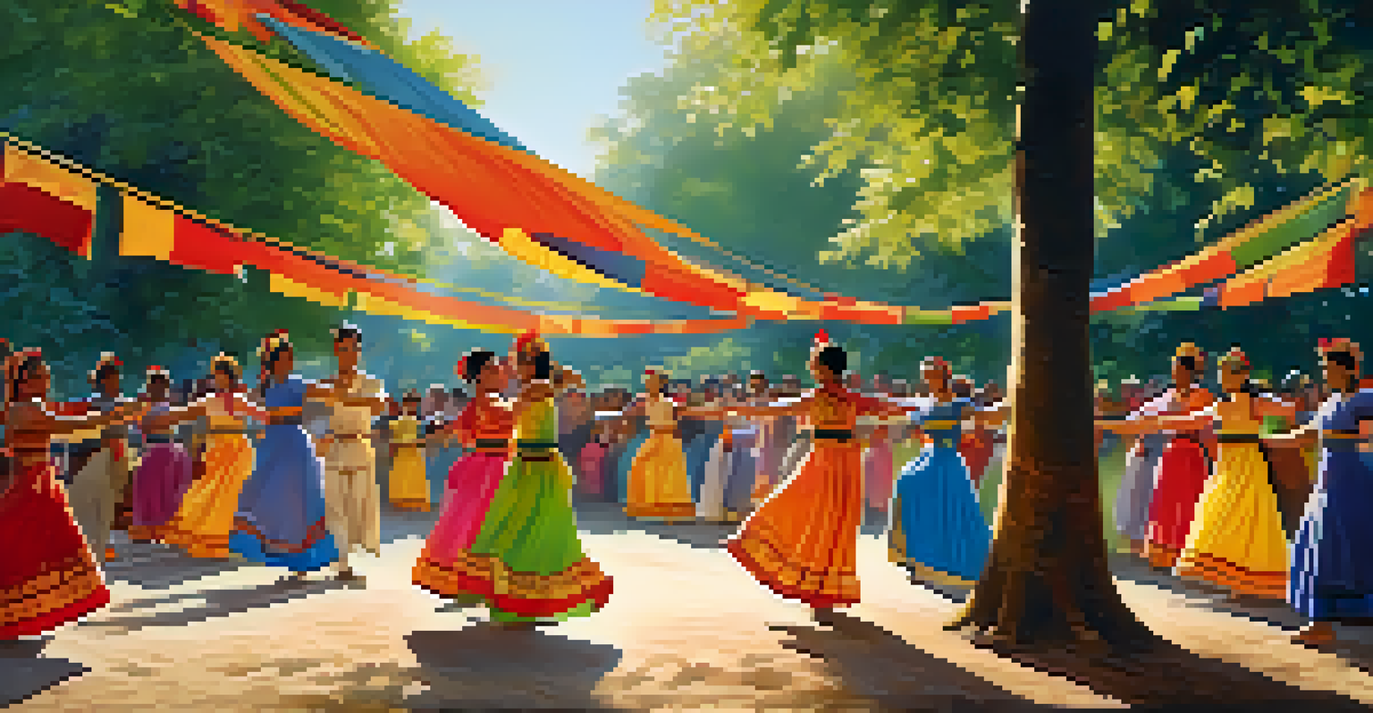 People in traditional costumes performing a cultural dance in a park, surrounded by nature and colorful banners.