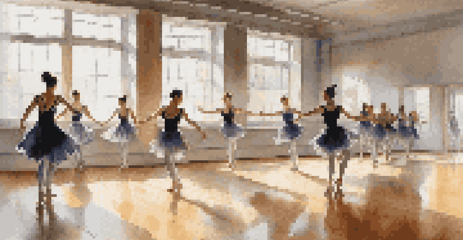 Dancers in a rehearsal studio wearing innovative gender-fluid costumes, with natural light illuminating the space and reflecting off mirrors.