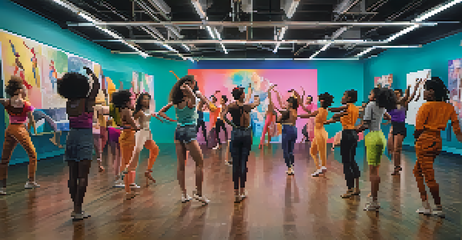 Diverse dancers collaborating around a large screen in a colorful dance studio.